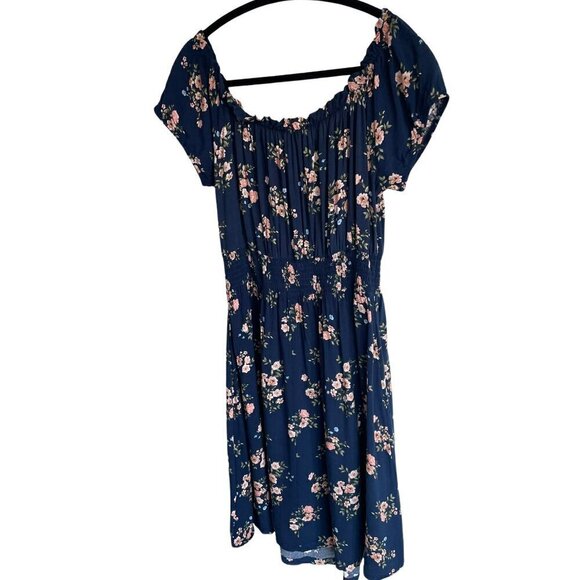 Guilty Fit Flare Off Shoulder 100% Rayon Smocked Blue Floral Dress Women's Large - Picture 2 of 16